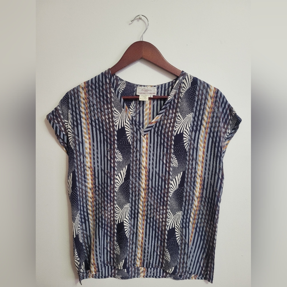 Vintage - 100% Pure Silk Argenti for Casual Corner Women's Blue Patterned Top